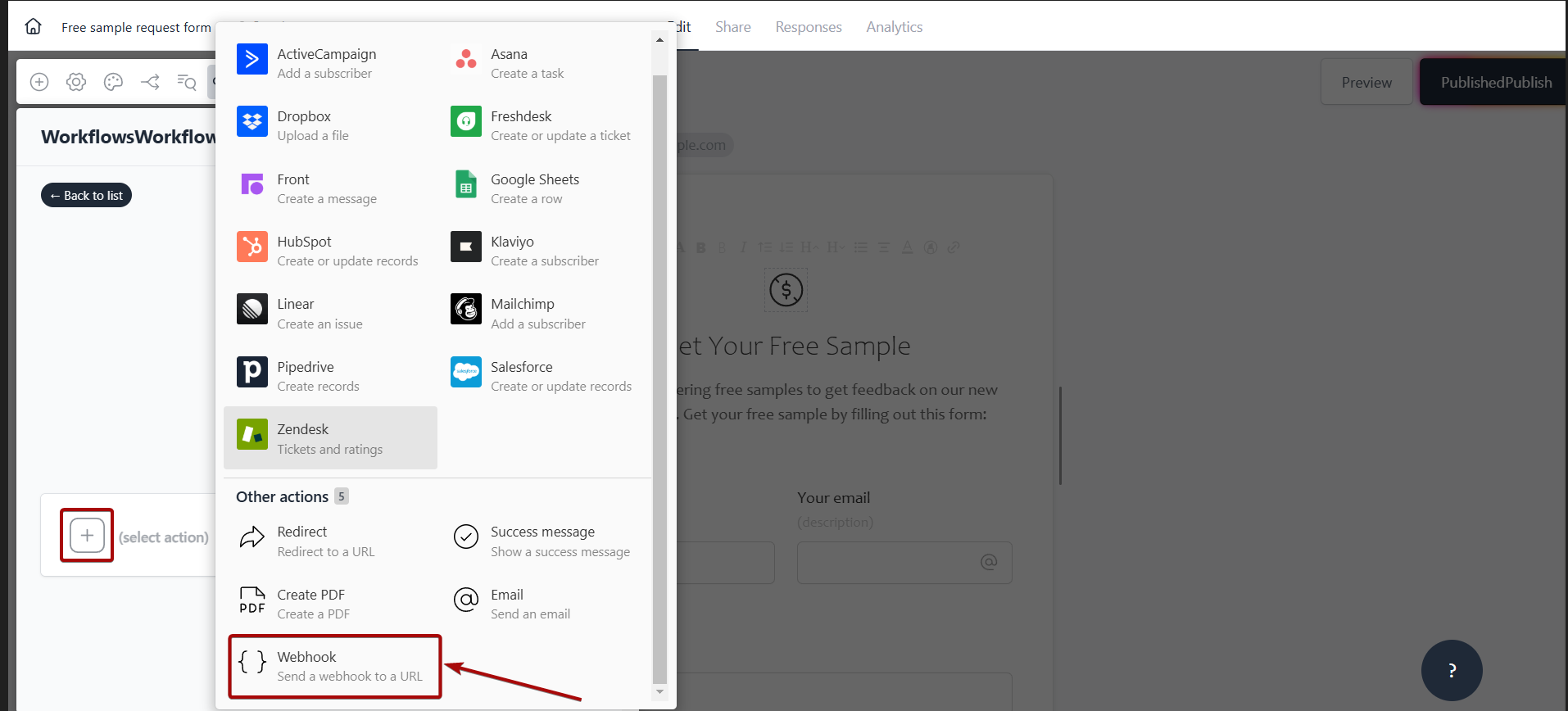 Налаштування FormCrafts Додавання дії webhook