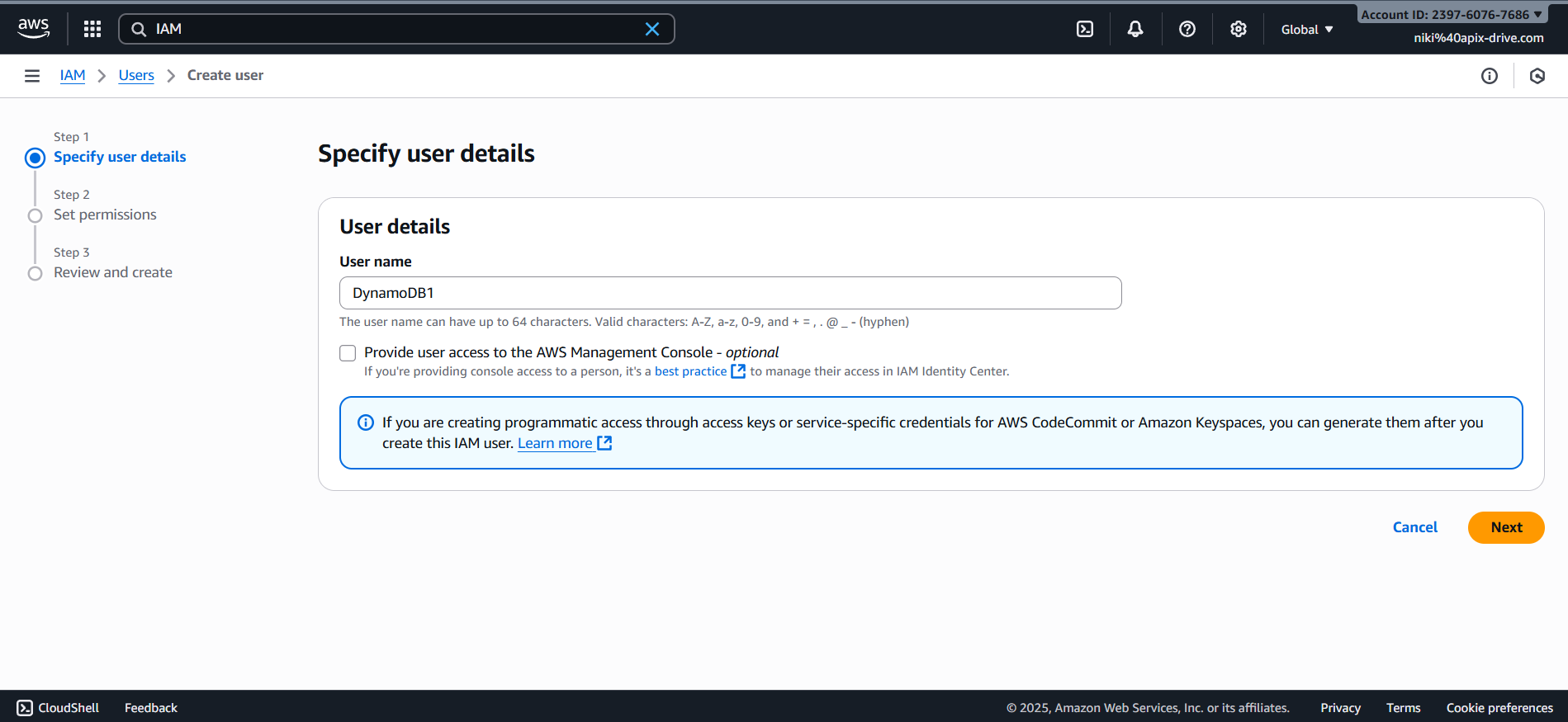 Налаштування Amazon DynamoDB Створення користувача