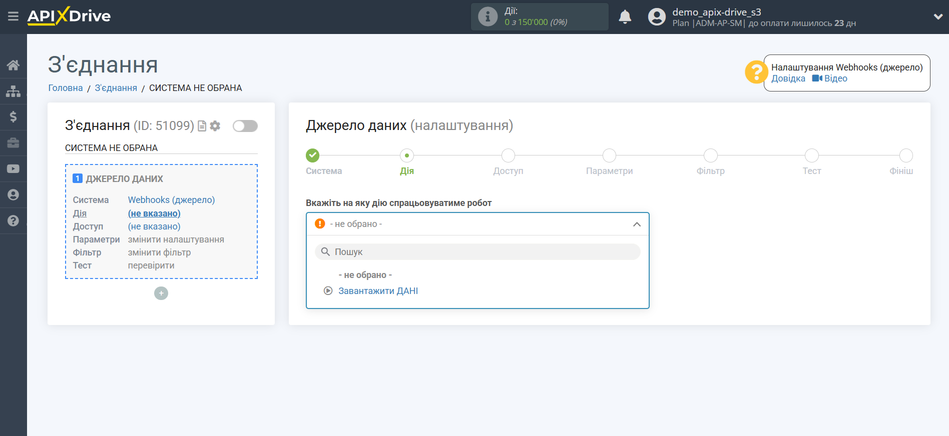 Налаштування Webhooks | Вибір дії у джерелі Налаштування Webhooks | Вибір дії у джерелі