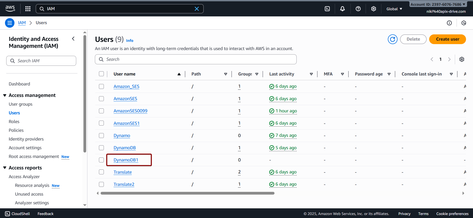 Налаштування Amazon DynamoDB Створення Access key