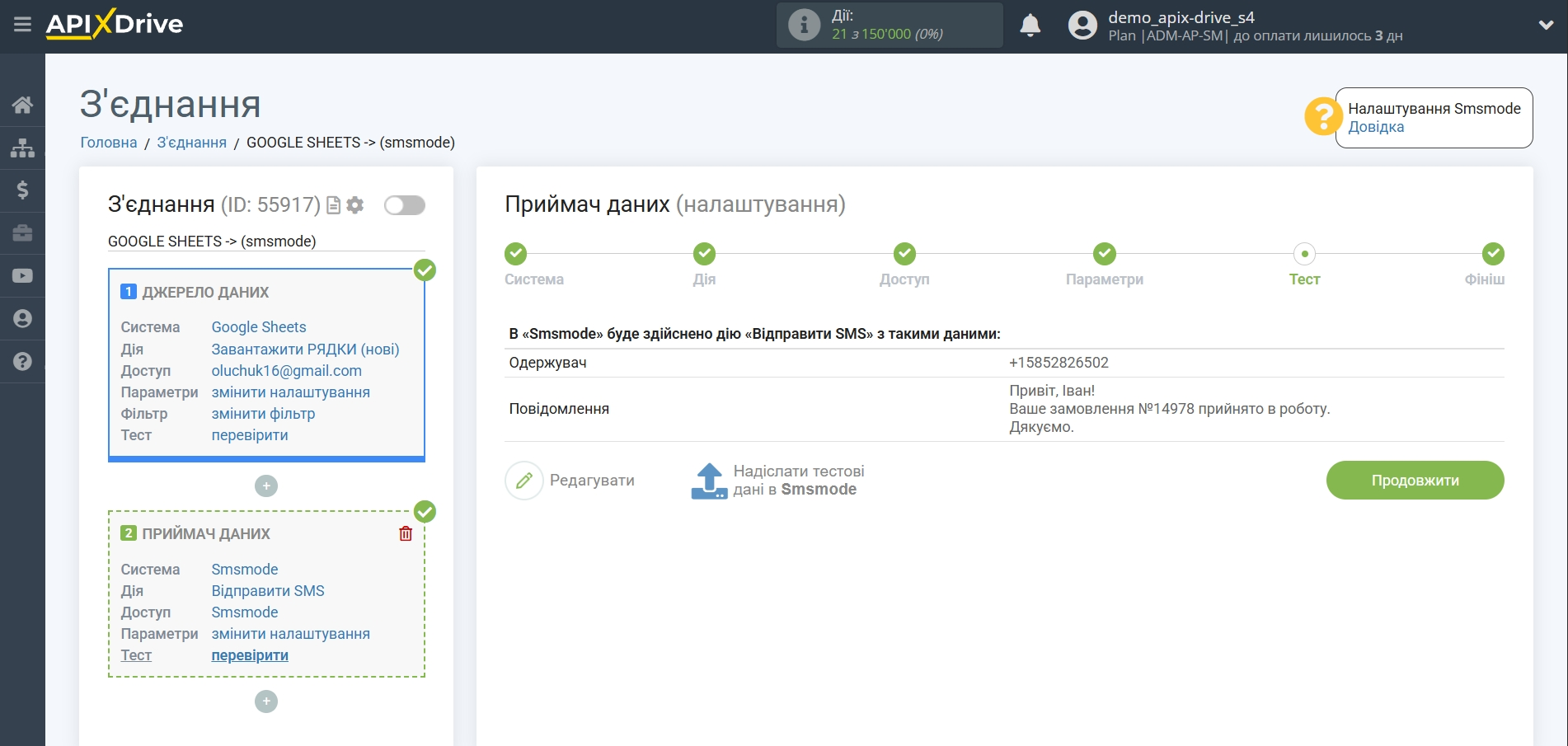 Налаштування Приймача даних SMSMODE | Тестові дані