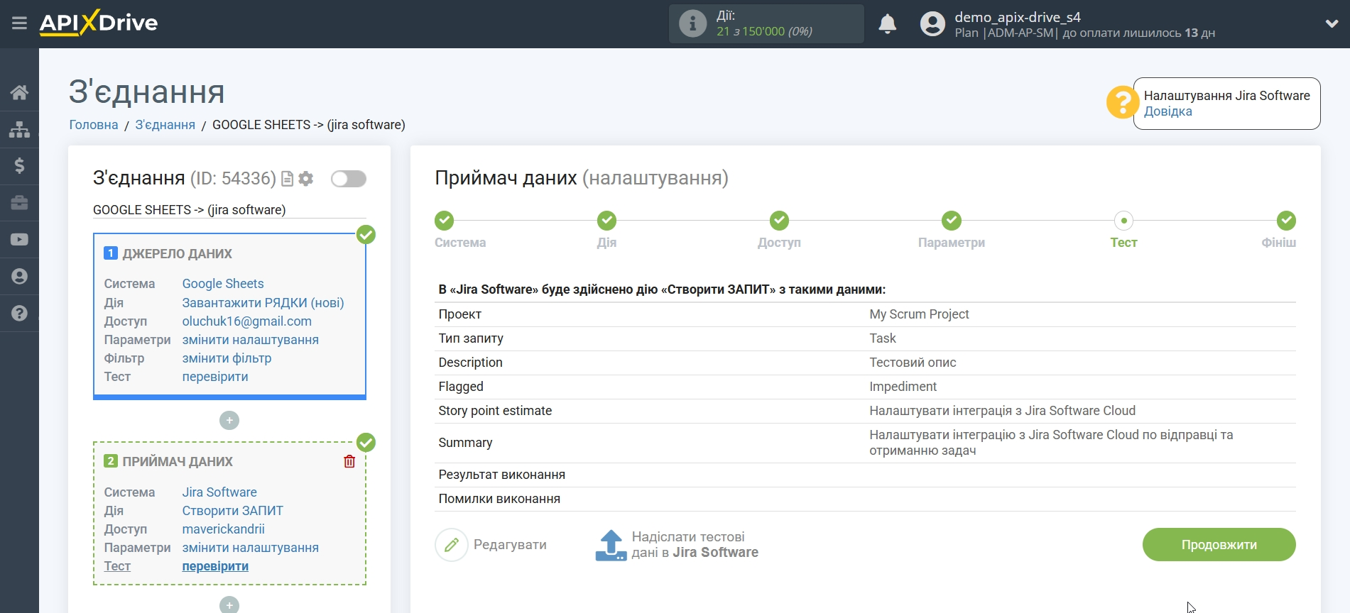 Налаштування Приймача даних Jira Software | Тестові дані Налаштування Приймача даних Jira Software | Тестові дані