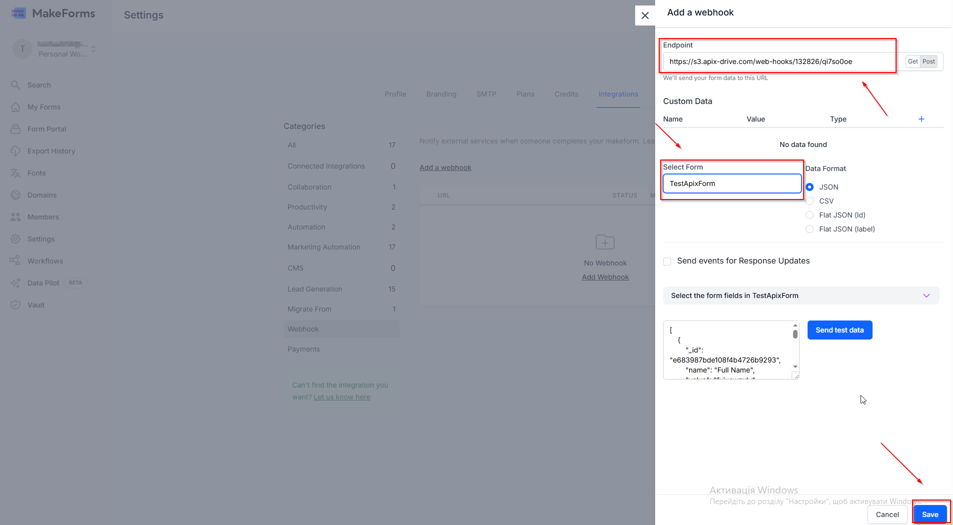 Налаштування MakeForms | Налаштування Webhook Налаштування MakeForms | Налаштування Webhook