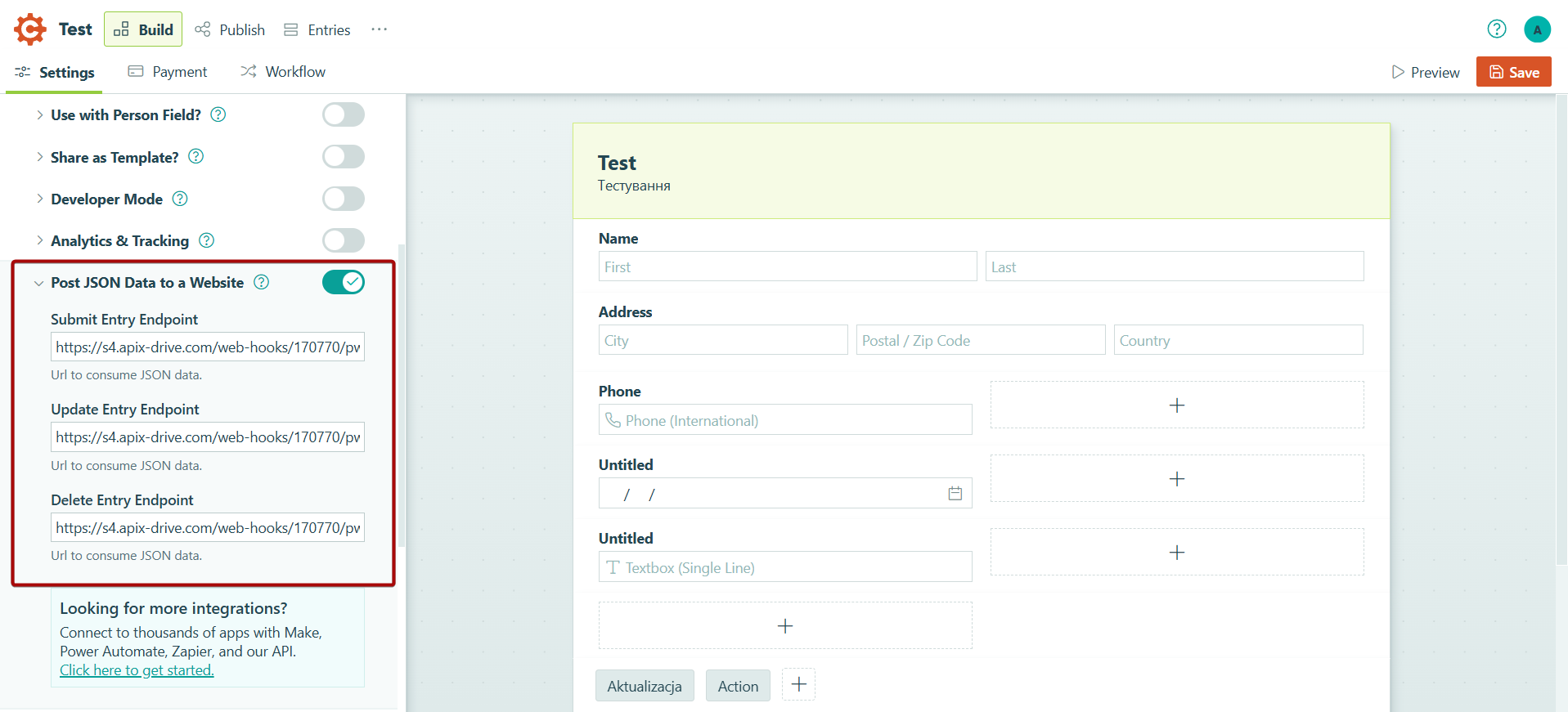 Налаштування Cognito Forms | Налаштування Webhook