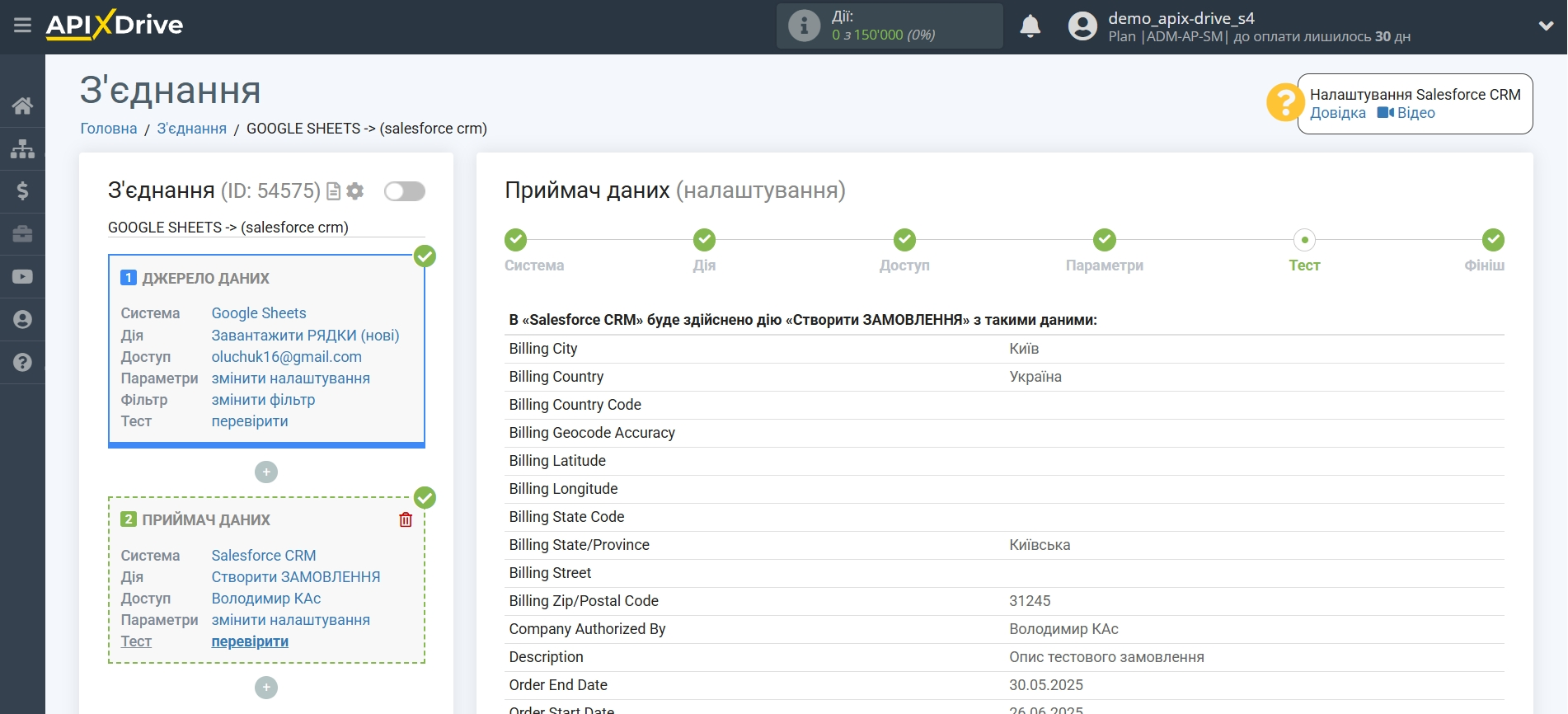 Налаштування Приймача даних Salesforce CRM | Тестові дані Налаштування Приймача даних Salesforce CRM | Тестові дані