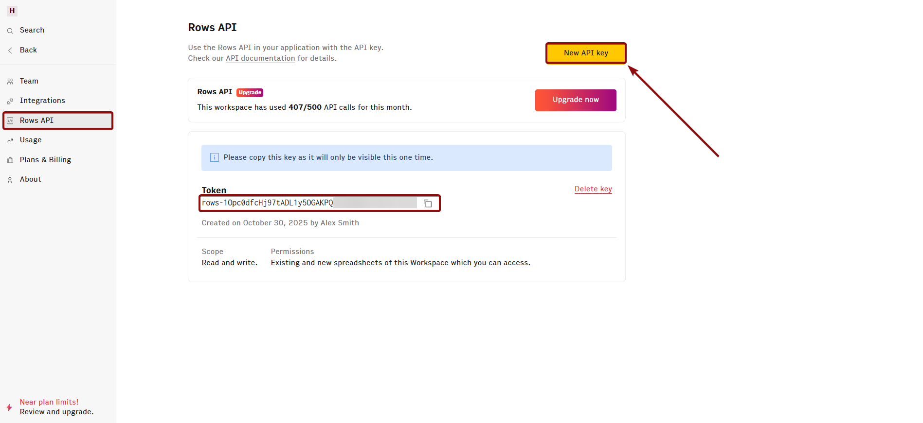 Налаштування Rows | Розташування ключа API в Rows Налаштування Rows | Розташування ключа API в Rows