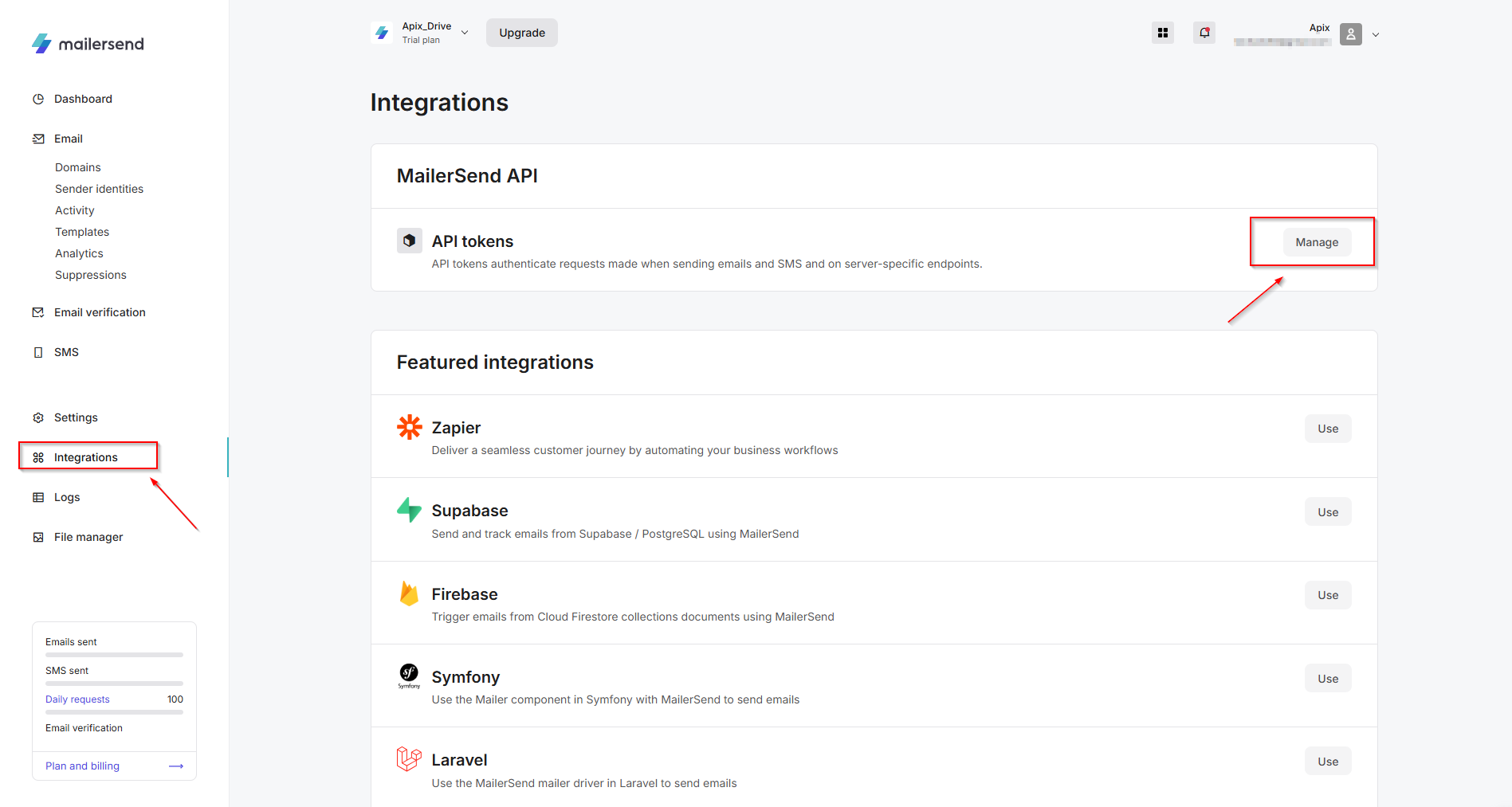 Налаштування MailerSend | Перехід до налаштувань API токена Налаштування MailerSend | Перехід до налаштувань API токена