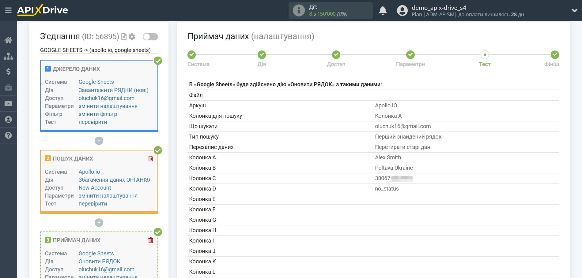 Налаштування Пошуку Apollo.io у Google Sheets | Тестові дані Налаштування Пошуку Apollo.io у Google Sheets | Тестові дані