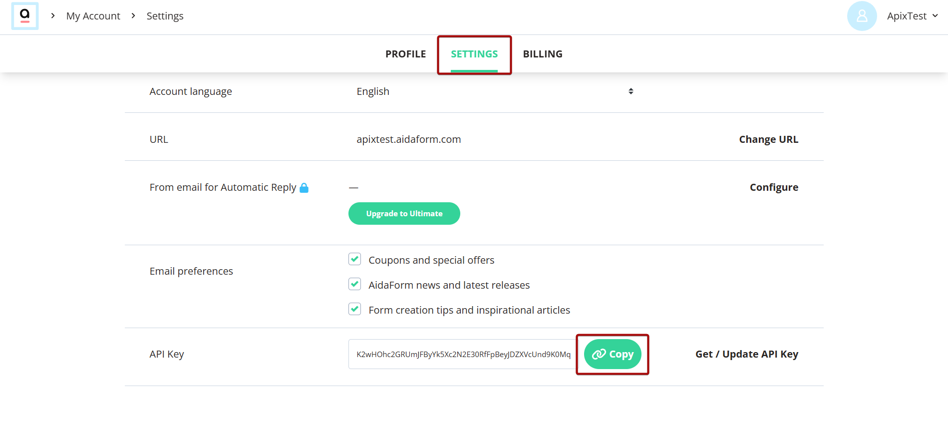 Налаштування AidaForm | Отримання ключа API Налаштування AidaForm | Отримання ключа API
