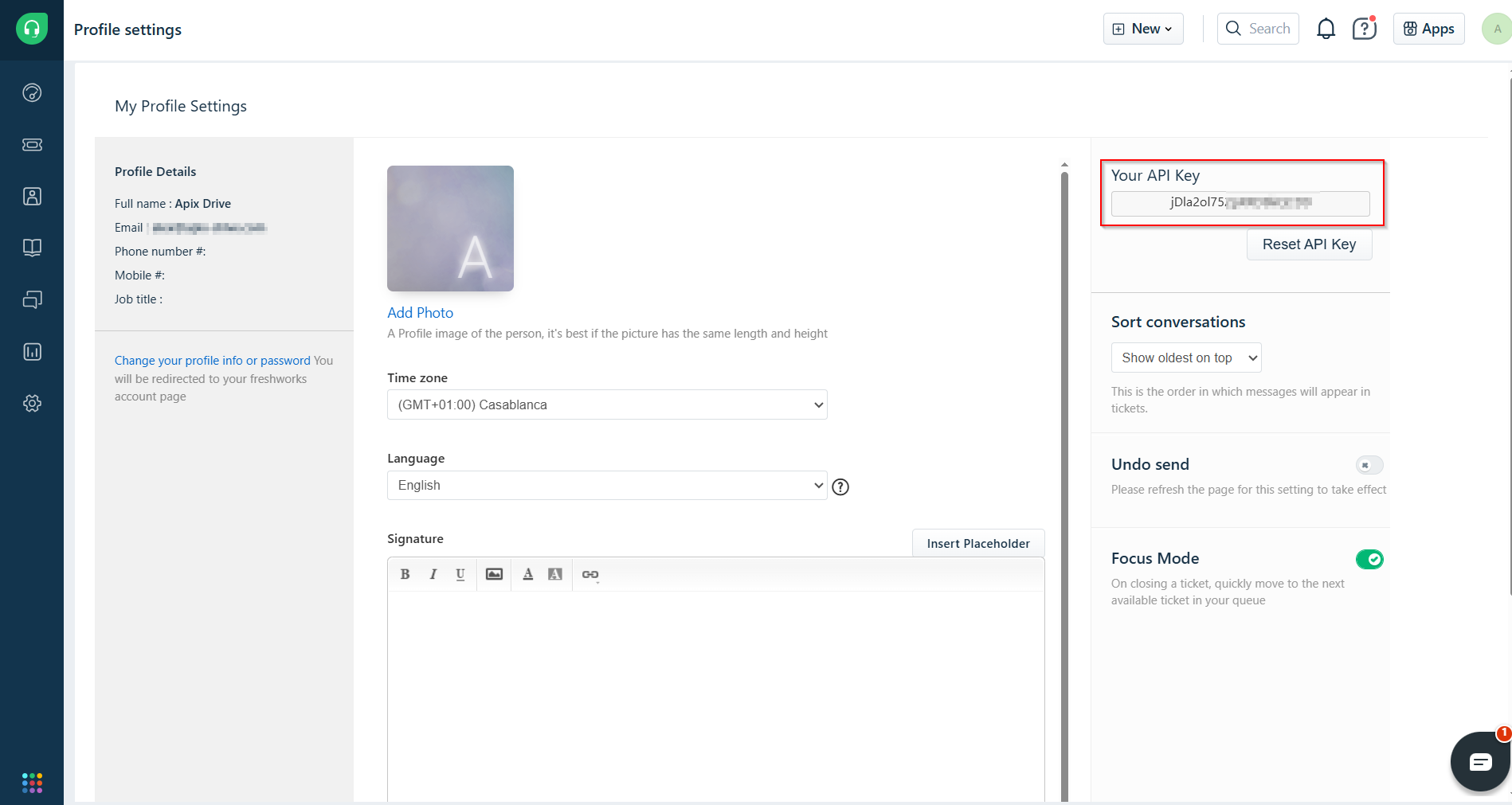 Налаштування Приймача даних Freshdesk | Доступ до API ключа Налаштування Приймача даних Freshdesk | Доступ до API ключа