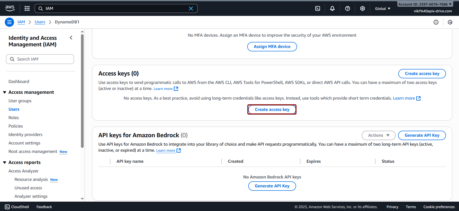 Налаштування Amazon DynamoDB Створення Access key