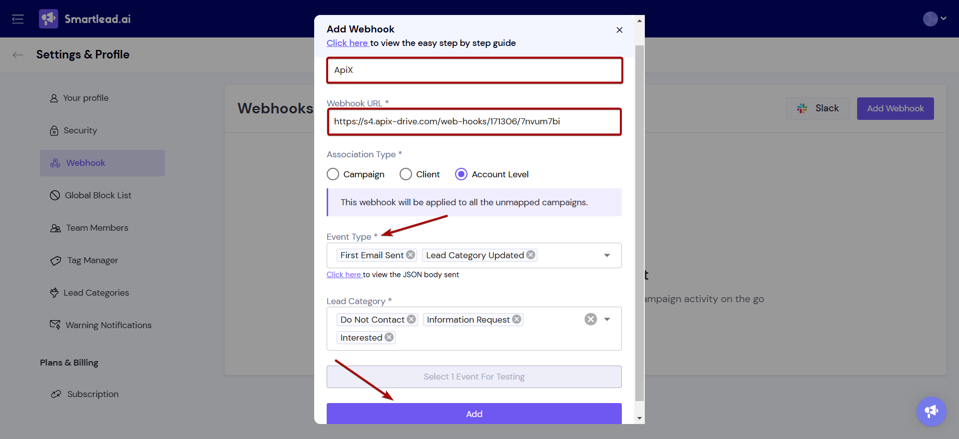 Налаштування Smartlead | Завершення налаштування передачі даних Webhooks Налаштування Smartlead | Завершення налаштування передачі даних Webhooks
