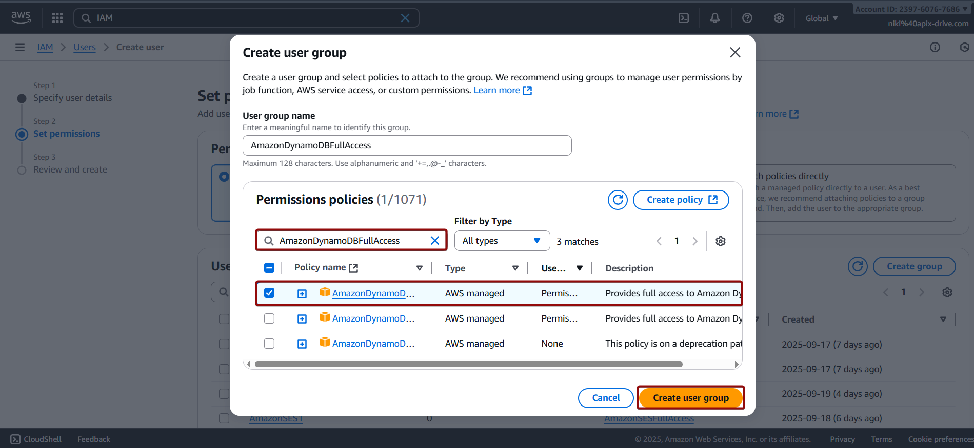 Налаштування Amazon DynamoDB Створення групи прав для користувача