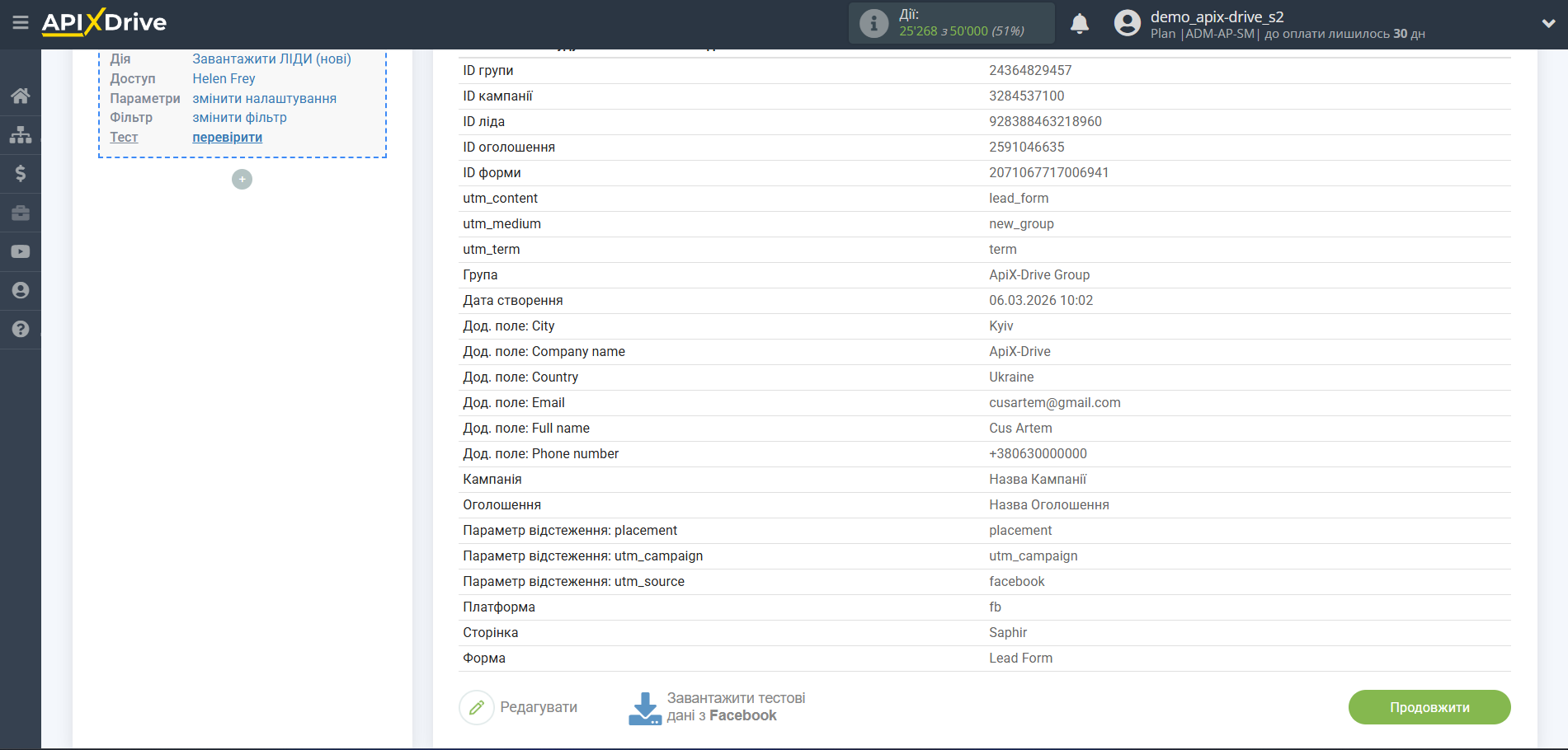 Налаштування Facebook | Тестові дані