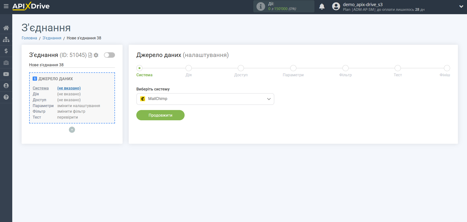 Налаштування MailChimp | Вибір системи джерела даних