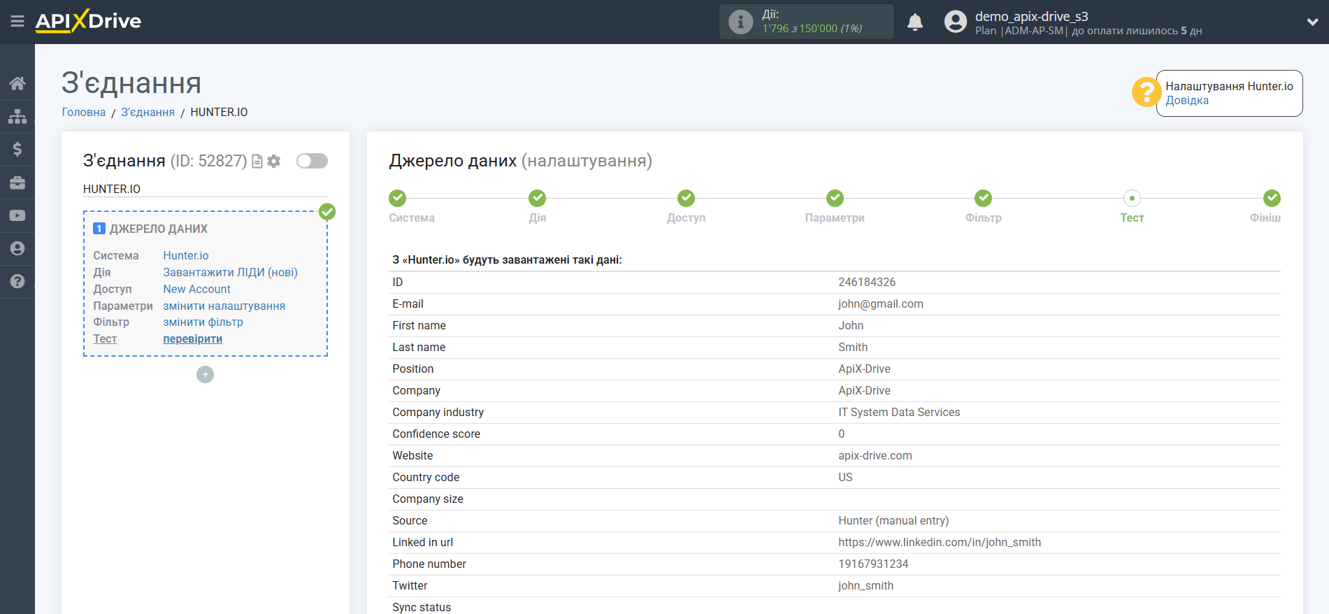 Налаштування Hunter.io | Тестові дані
