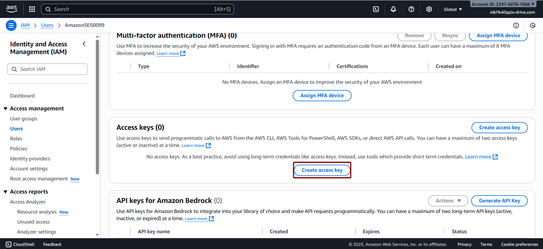 Налаштування Amazon SES | Створення Access key
