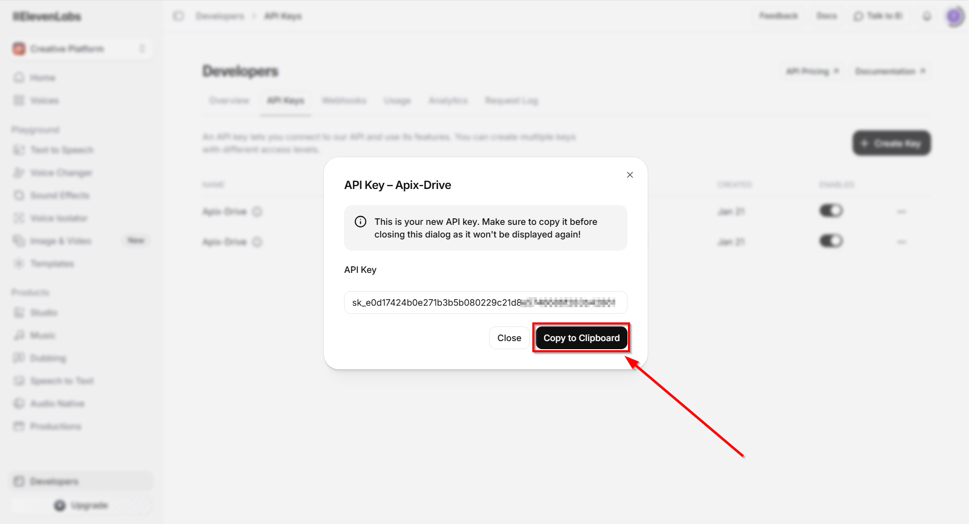 Налаштування Пошуку даних Elevenlabs у Google Sheets | Копіювання ключа API