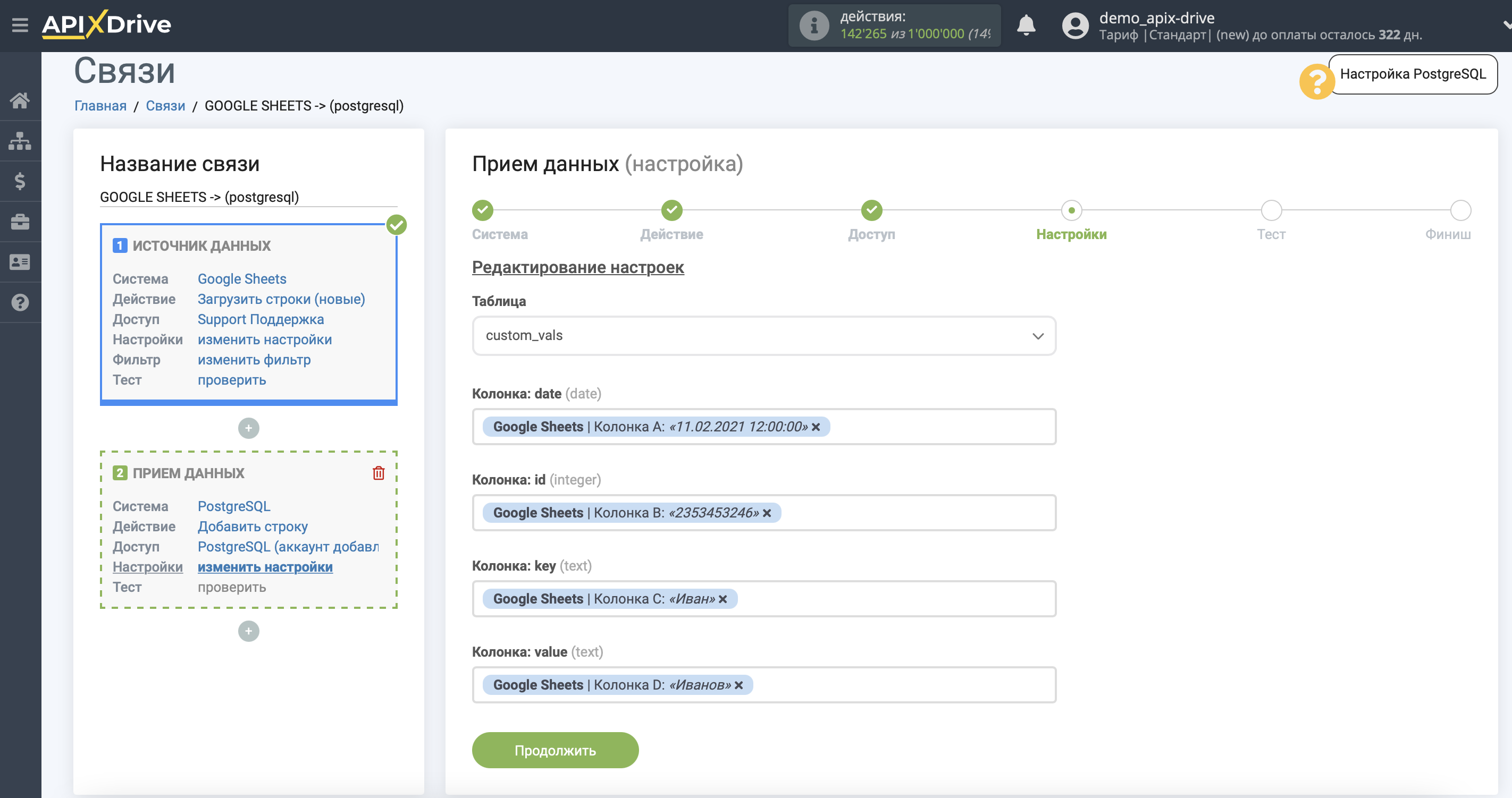 Налаштування Приймача даних PostgreSQL | Налаштування полів