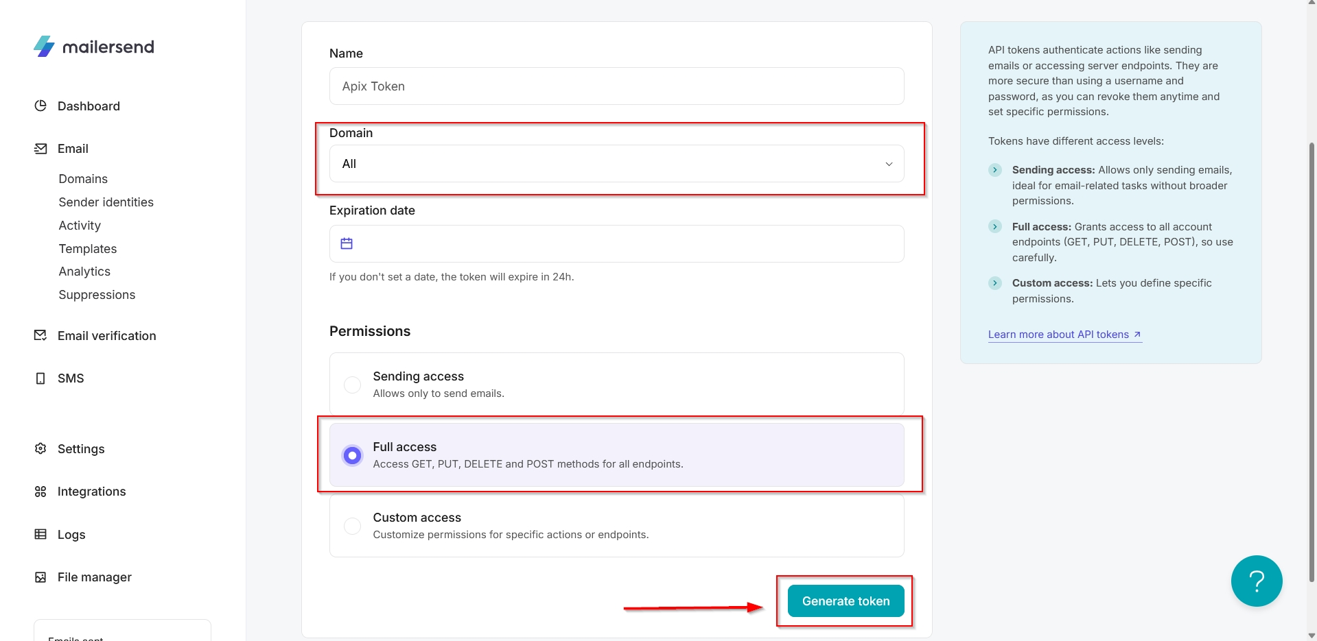Налаштування Приймача даних MailerSend | Створення API токена