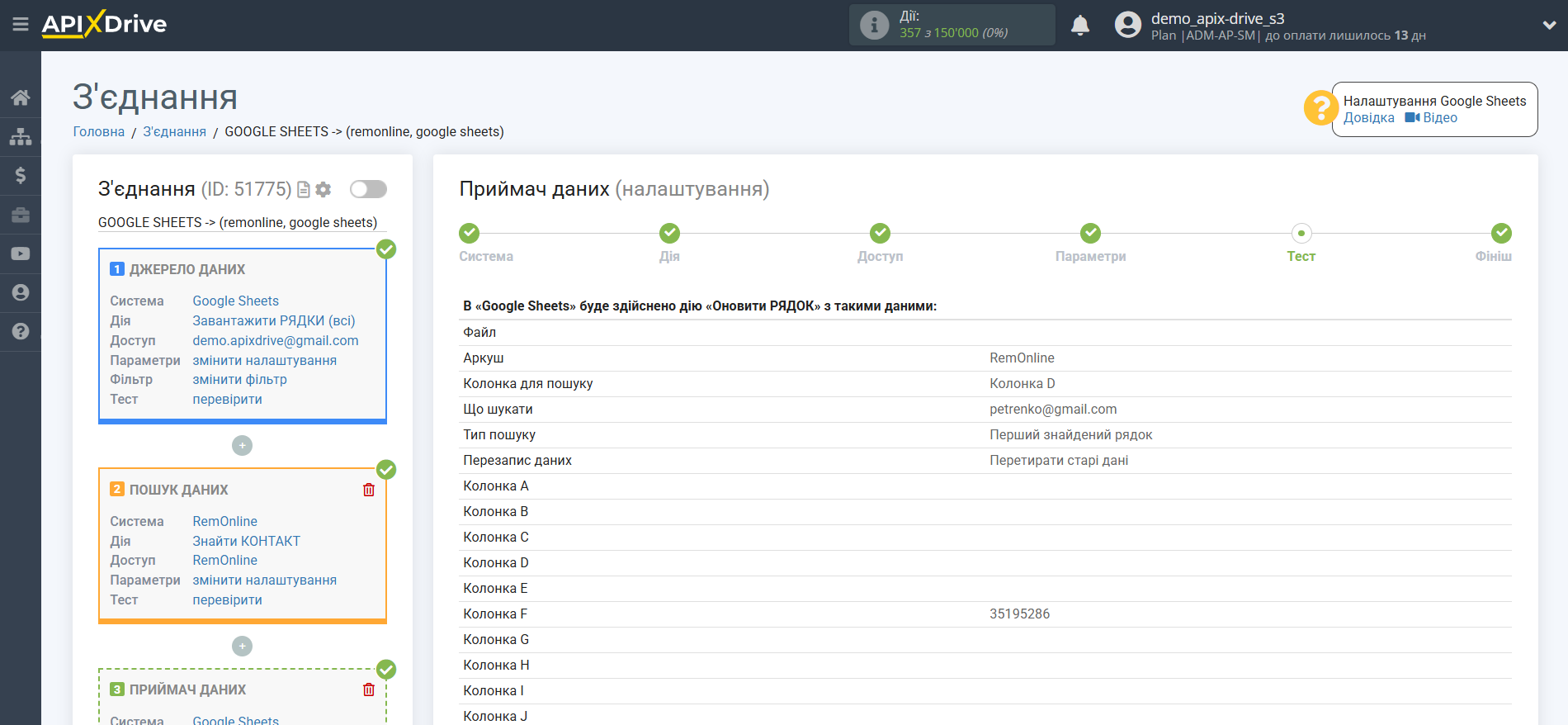 Налаштування Пошуку Контакту RemOnline у Google Sheets | Тестові дані Налаштування Пошуку Контакту RemOnline у Google Sheets | Тестові дані