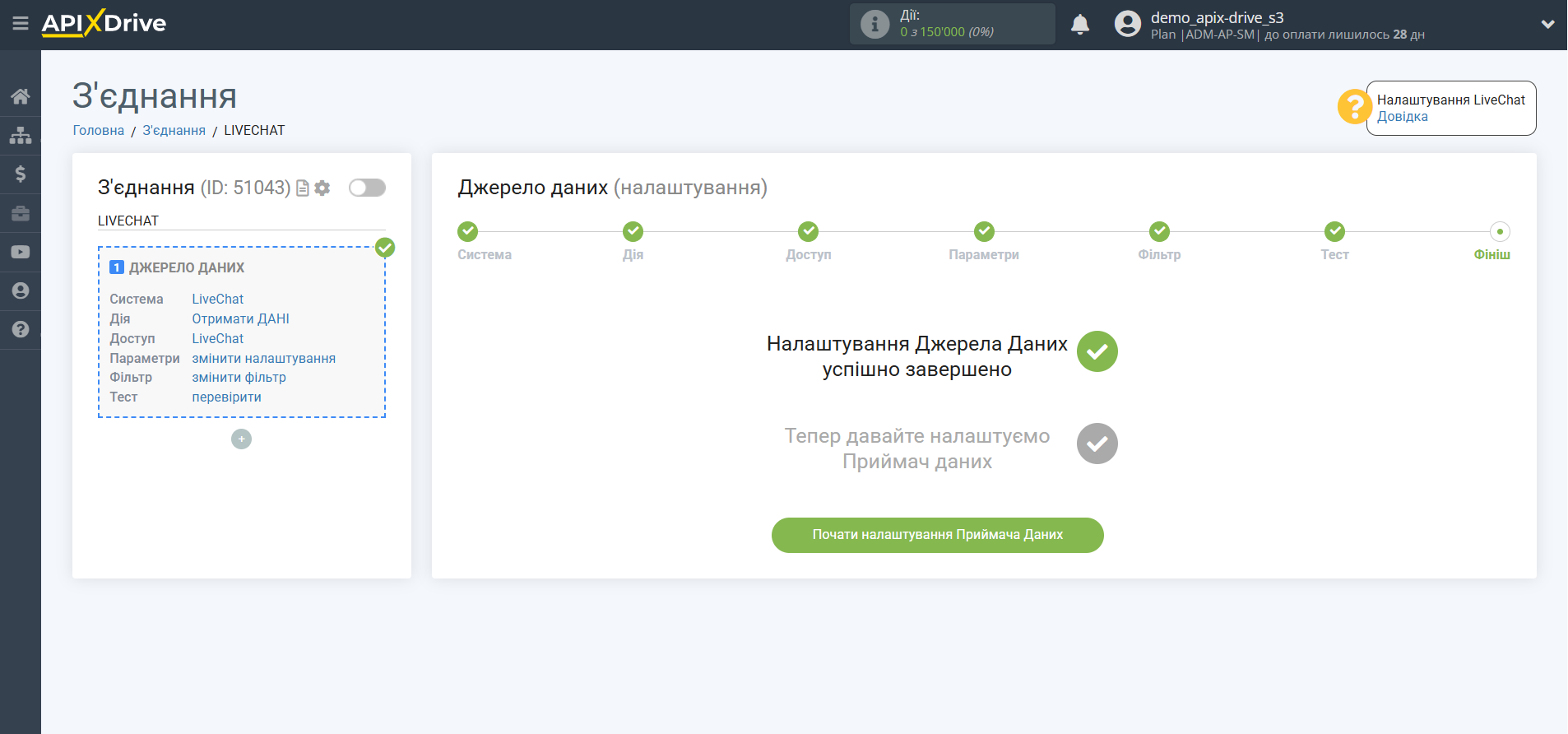 Налаштування LiveChat | Перехід до налаштування Приймача даних