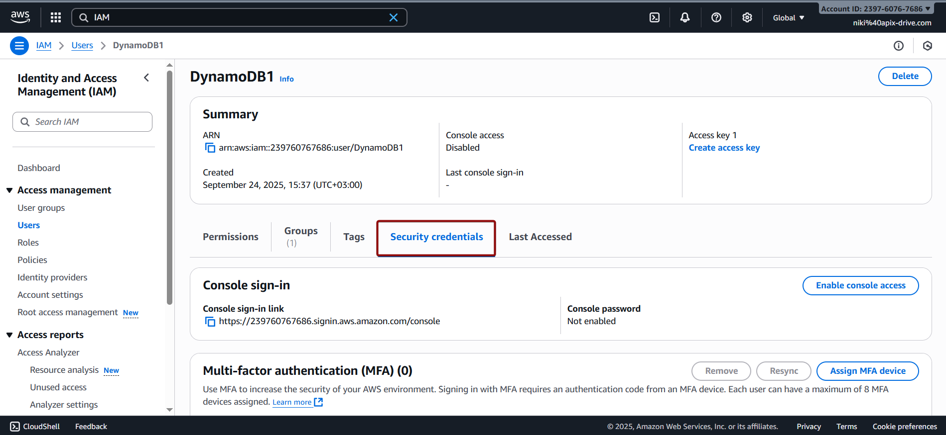 Налаштування Amazon DynamoDB Створення Access key