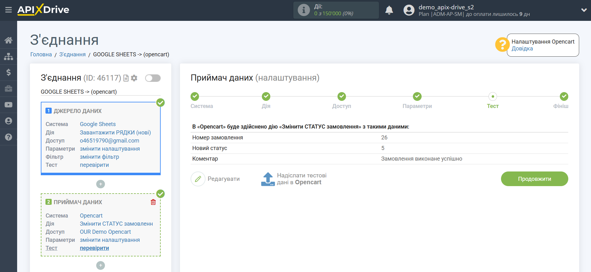 Налаштування Приймача даних Opencart | Тестові дані