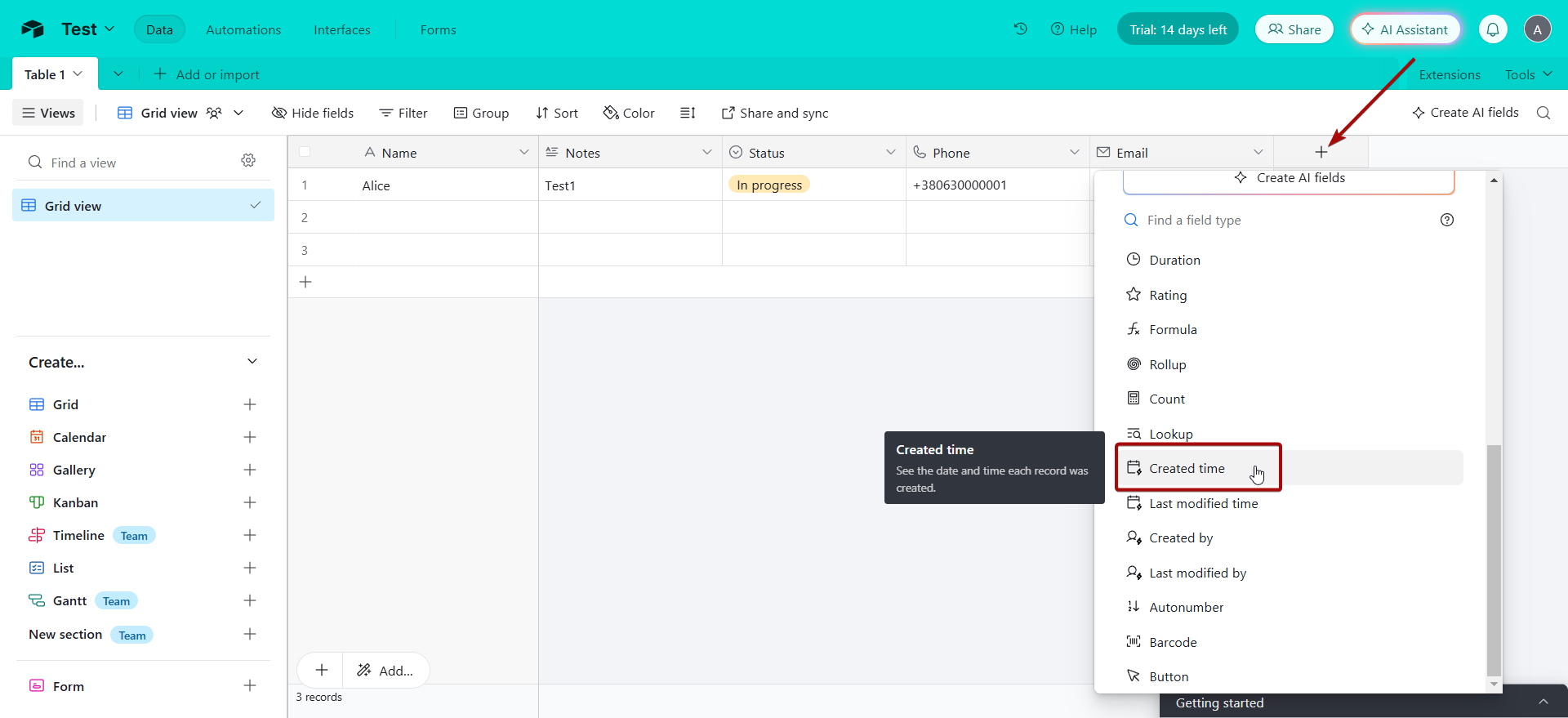 Налаштування AirTable | Вибір стовпчика Created time Налаштування AirTable | Вибір стовпчика Created time