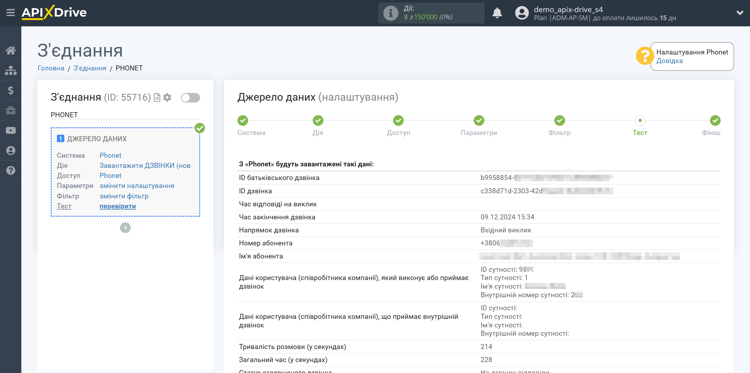 Налаштування Phonet | Тестові дані
