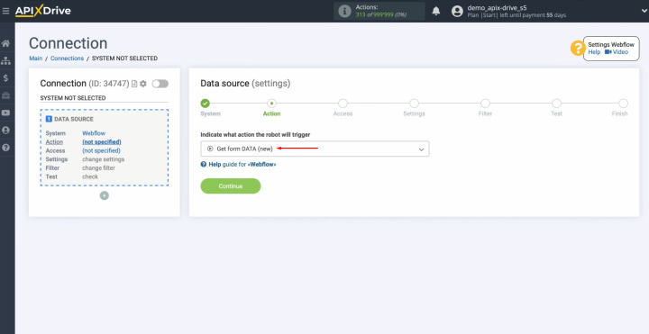 Salesforce and&nbsp;Webflow integration | Choose the action "Get form DATA (new)"