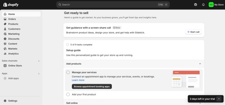 Shopify interface Shopify interface