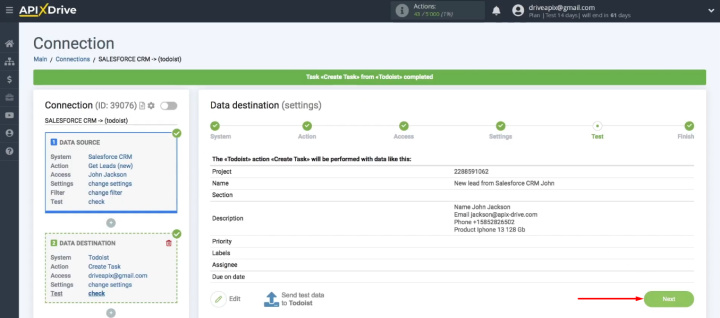 Salesforce and Todoist integration | Return to the ApiX-Drive and click "Next"