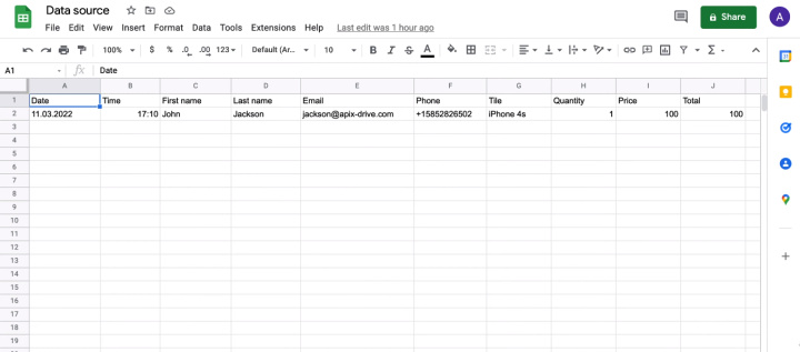 Google Sheets and Intercom integration | Contact in the Google Sheets file