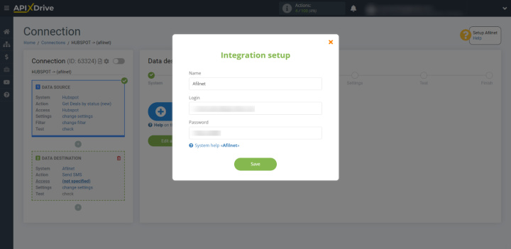 Hubspot and Afilnet integration | Enter the username and password