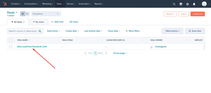 Facebook and Hubspot integration | New deal in Hubspot