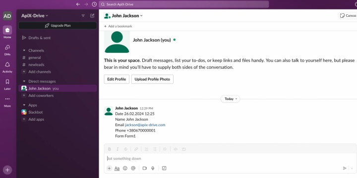 Result of the data transfer to Slack
