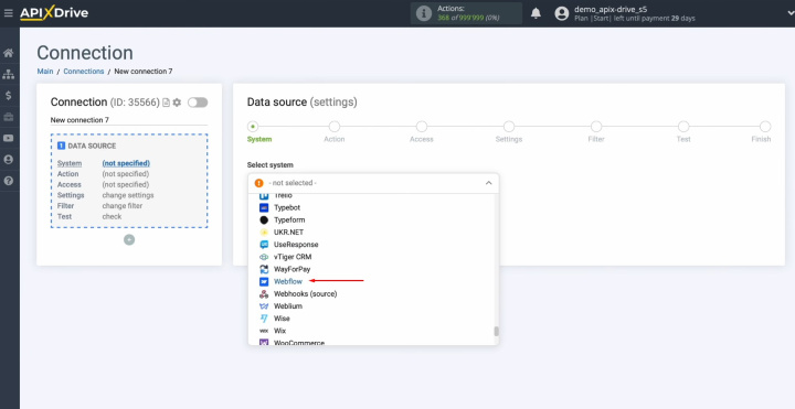 Webflow and Wrike integration | Select the data source system – Webflow