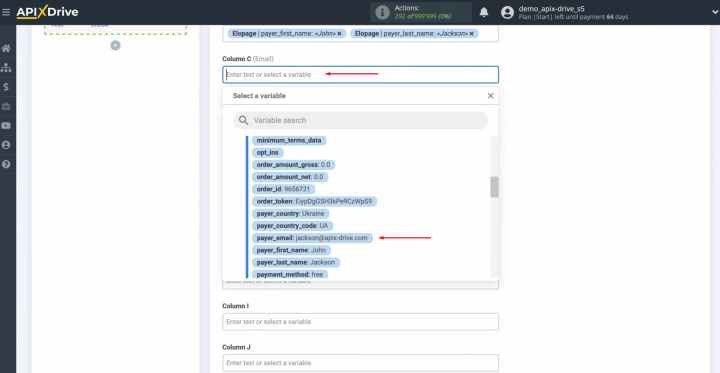 Elopage and Google Sheets integration | Select variables from the drop-down list