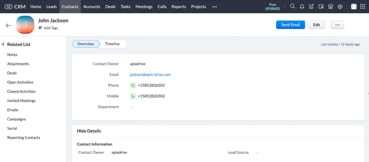 Zoho CRM and Trello integration | The contact in Zoho CRM