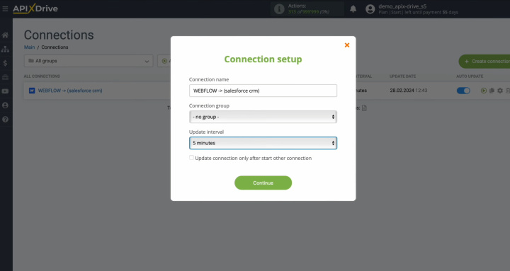Webflow and Salesforce integration | Select the interval for the operation of the connection