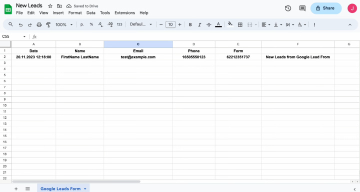 Google Lead Form and Google Sheets integration |&nbsp;Result of connecting