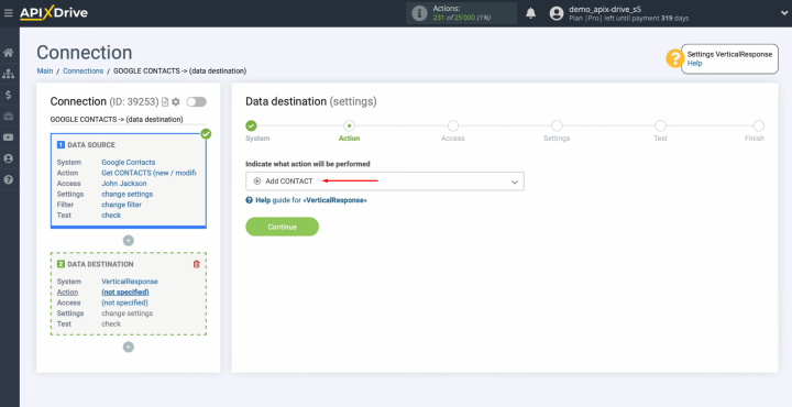 Google Contacts and VerticalResponse integration | Choose the action “Add CONTACT”