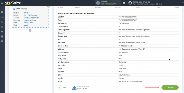 TikTok and Google Sheets integration | An example of test data