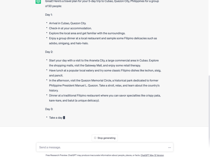 ChatGPT creates a detailed, step-by-step program of a trip