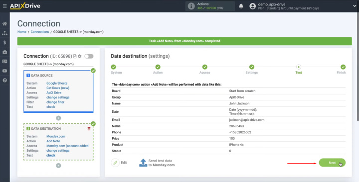 Google Sheets and Monday.com integration | Click "Next"