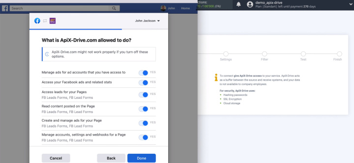 Facebook and Slack integration | Enable the access checkboxes
