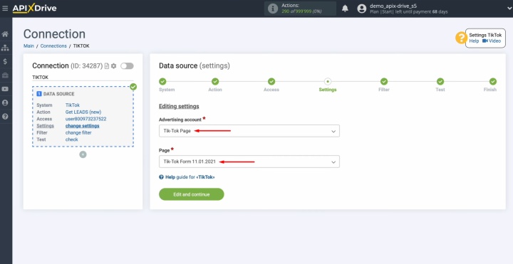 Select the advertising TikTok account and form