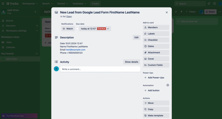 Google Lead Form and Trello integration | Result of connecting