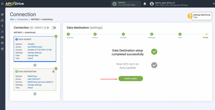 Airtable and MailChimp integration | Click on the green button “Enable update”